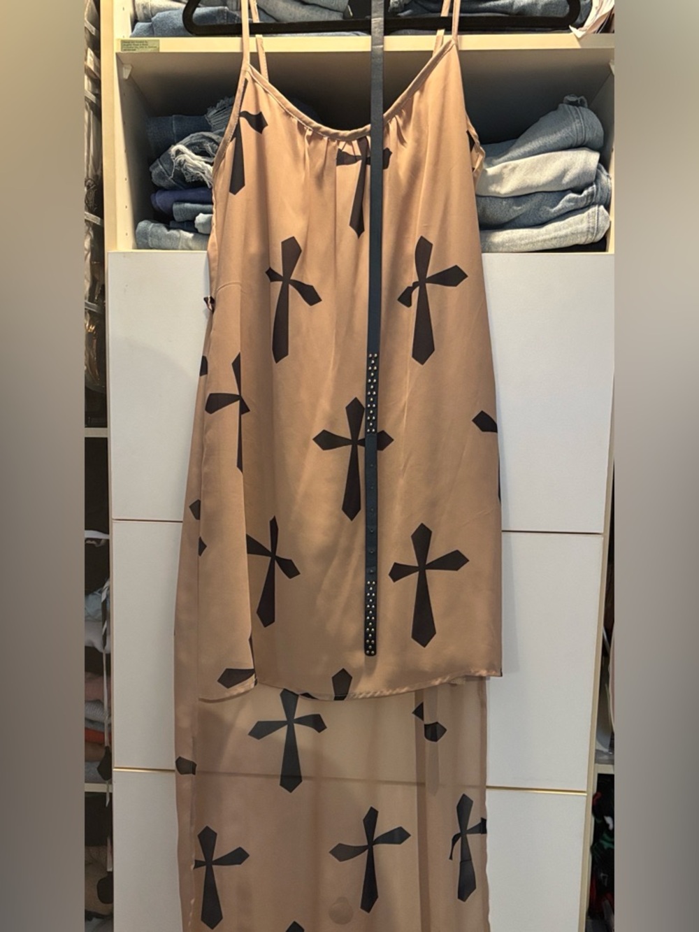Beige Slip Dress with Black Cross Print
